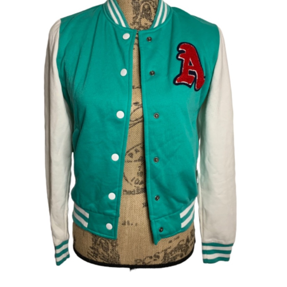 Iris Basic Teal White Baseball Button Up Jacket - image 1